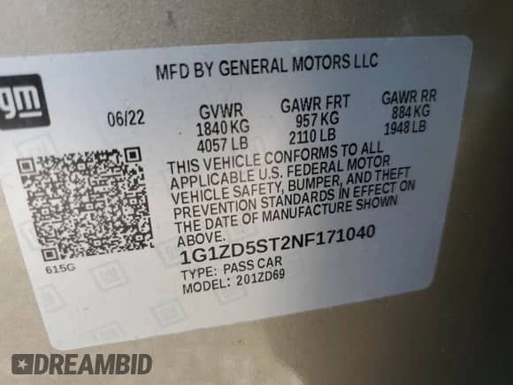 2022 Chevrolet Malibu LT with VIN 1G1ZD5ST2NF171040, listed as a Copart auction lot 70829115 with 55,459 mi miles and Non repairable. Bid and sale history available at DreamBid. Image 12.