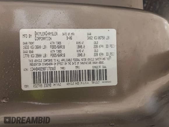 2006 Dodge Durango SLT с VIN 1D4HB48296F172322, выставлен на аукционе IAAI как лот 42245357 с пробегом 197 149 миль миль и . История ставок и продаж доступна на DreamBid. Изображение 9.