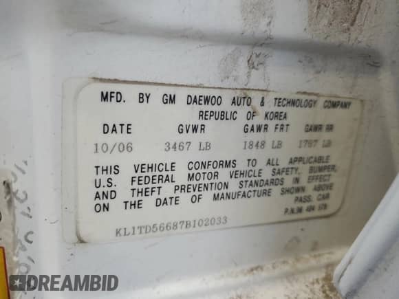 2007 Chevrolet Aveo LS с VIN KL1TD56687B102033, выставлен на аукционе Copart как лот 72785554 с пробегом 154 410 миль миль и Чистый • Clean title. История ставок и продаж доступна на DreamBid. Изображение 12.