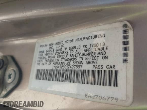 2001 Chevrolet Prizm с VIN 1Y1SK52891Z427897, выставлен на аукционе IAAI как лот 41949901 с пробегом 143 706 миль миль и . История ставок и продаж доступна на DreamBid. Изображение 9.