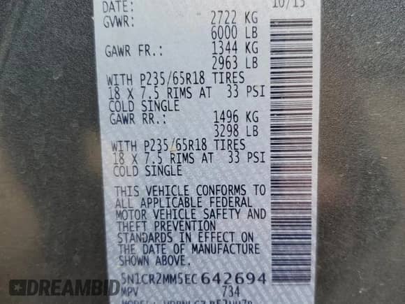 2014 Nissan Pathfinder Platinum Hybrid with VIN 5N1CR2MM5EC642694, listed as a Copart auction lot 60140935 with 145,853 mi miles and Clean title. Bid and sale history available at DreamBid. Image 13.