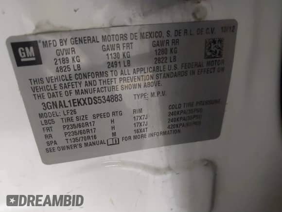 2013 Chevrolet Captiva Sport LS with VIN 3GNAL1EKXDS534883, listed as a IAAI auction lot 41452984 with 126,275 mi miles and . Bid and sale history available at DreamBid. Image 9.