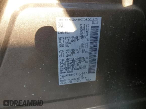 2015 Nissan Pathfinder SL with VIN 5N1AR2MN0FC709915, listed as a Copart auction lot 84930685 with 112,292 mi miles and Salvage title. Bid and sale history available at DreamBid. Image 12.