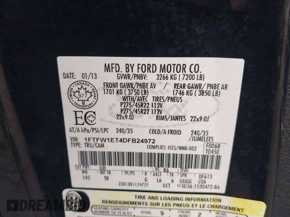 2013 Ford F-150 XL with VIN 1FTFW1ET4DFB24972, listed as a IAAI auction lot 40930932 with 148,305 mi miles and . Bid and sale history available at DreamBid. Image 9.