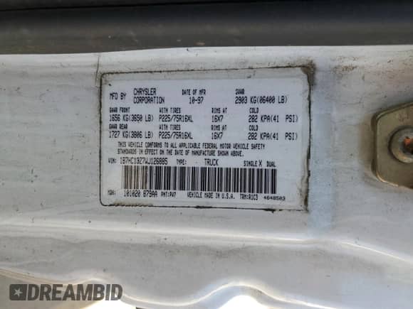 1998 Dodge 1500 с VIN 1B7HC13Z7WJ126885, выставлен на аукционе Copart как лот 48674135 с пробегом 264 080 миль миль и Списание • Salvage title. История ставок и продаж доступна на DreamBid. Изображение 12.