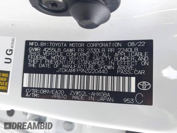 2022 Toyota Prius XLE with VIN JTDKAMFP9N3220440, listed as a IAAI auction lot 43428027 with 34,374 mi miles and . Bid and sale history available at DreamBid. Image 9.