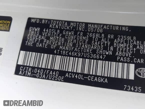 2007 Toyota Camry LE с VIN 4T1BE46K97U536647, выставлен на аукционе IAAI как лот 43371725 с пробегом 282 848 миль миль и . История ставок и продаж доступна на DreamBid. Изображение 9.