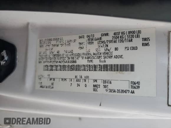2013 Ford Econoline Cargo Commercial with VIN 1FTNE2EW4DDA93586, listed as a Copart auction lot 63841875 with 205,807 mi miles and Salvage title. Bid and sale history available at DreamBid. Image 13.