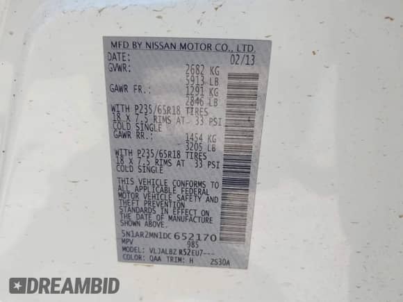 2013 Nissan Pathfinder S с VIN 5N1AR2MN1DC652170, выставлен на аукционе IAAI как лот 42825034 с пробегом 168 994 миль миль и . История ставок и продаж доступна на DreamBid. Изображение 9.