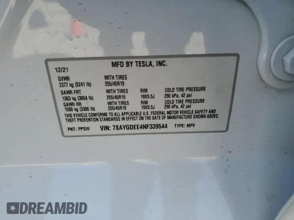 2022 Tesla Model Y Long Range с VIN 7SAYGDEE4NF339544, выставлен на аукционе Copart как лот 84565635 с пробегом 54 231 миль миль и Списание • Salvage title. История ставок и продаж доступна на DreamBid. Изображение 13.