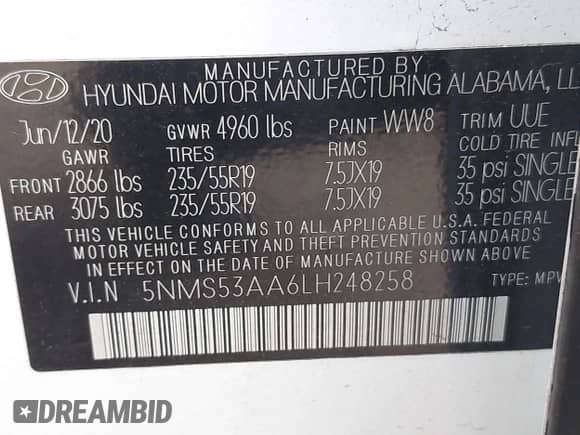 2020 Hyundai Santa Fe Limited with VIN 5NMS53AA6LH248258, listed as a IAAI auction lot 43338760 with 106,550 mi miles and . Bid and sale history available at DreamBid. Image 9.