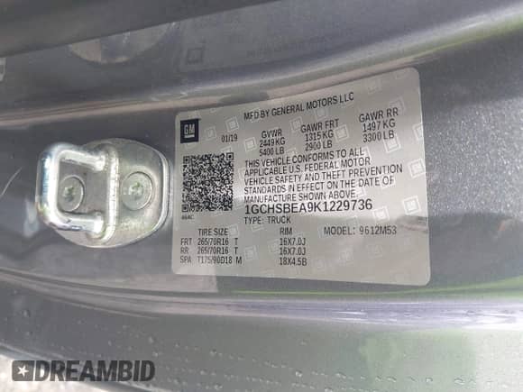 2019 Chevrolet Colorado 2WD Work Truck with VIN 1GCHSBEA9K1229736, listed as a IAAI auction lot 42541622 with 89,642 mi miles and . Bid and sale history available at DreamBid. Image 9.
