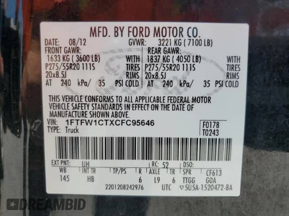 2012 Ford F-150 XL with VIN 1FTFW1CTXCFC95646, listed as a Copart auction lot 71909435 with 302,033 mi miles and Salvage title. Bid and sale history available at DreamBid. Image 12.