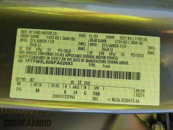 2025 Ford F-150 Lariat with VIN 1FTFW5L80SFA02693, listed as a IAAI auction lot 42893311 with 8,328 mi miles and . Bid and sale history available at DreamBid. Image 9.