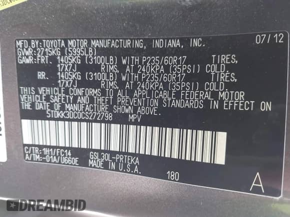 2012 Toyota Sienna LE with VIN 5TDKK3DC0CS272798, listed as a IAAI auction lot 43264548 with 173,246 mi miles and . Bid and sale history available at DreamBid. Image 9.