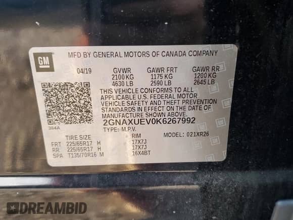 2019 Chevrolet Equinox LT with VIN 2GNAXUEV0K6267992, listed as a Copart auction lot 66996155 with 69,569 mi miles and Non repairable. Bid and sale history available at DreamBid. Image 13.