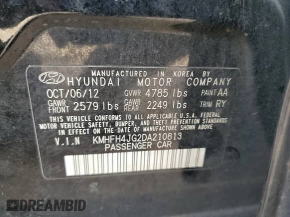 2013 Hyundai Azera с VIN KMHFH4JG2DA210813, выставлен на аукционе Copart как лот 87020685 с пробегом 258 989 миль миль и Чистый • Clean title. История ставок и продаж доступна на DreamBid. Изображение 12.