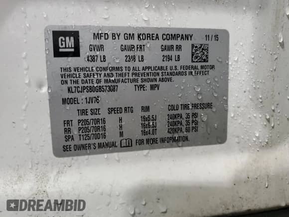 2016 Chevrolet Trax LT z VIN KL7CJPSB0GB573087, wystawiony jako Copart lot #71499595 z przebiegiem 99 709 mil mil oraz Szkoda całkowita • Salvage title. Historia ofert i sprzedaży dostępna na DreamBid. Obrazek 13.