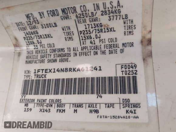 1994 Ford F-150 with VIN 1FTEX14N8RKA61241, listed as a IAAI auction lot 43507450 with 220,764 mi miles and . Bid and sale history available at DreamBid. Image 9.