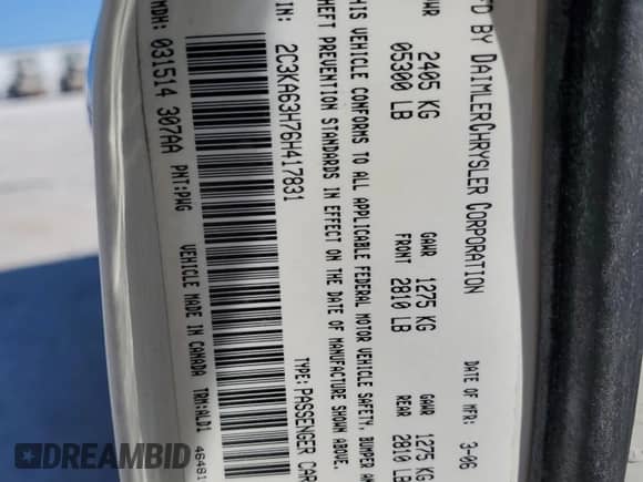 2006 Chrysler 300 C with VIN 2C3KA63H76H417831, listed as a Copart auction lot 71081355 with 115,408 mi miles and Salvage title. Bid and sale history available at DreamBid. Image 12.
