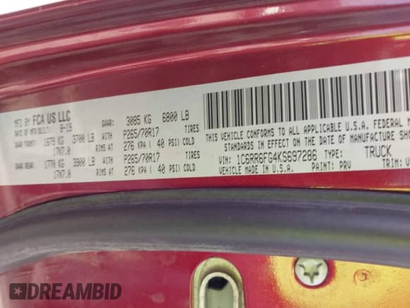 2019 Ram 1500 Tradesman with VIN 1C6RR6FG4KS697286, listed as a IAAI auction lot 41323936 with 62,004 mi miles and . Bid and sale history available at DreamBid. Image 9.