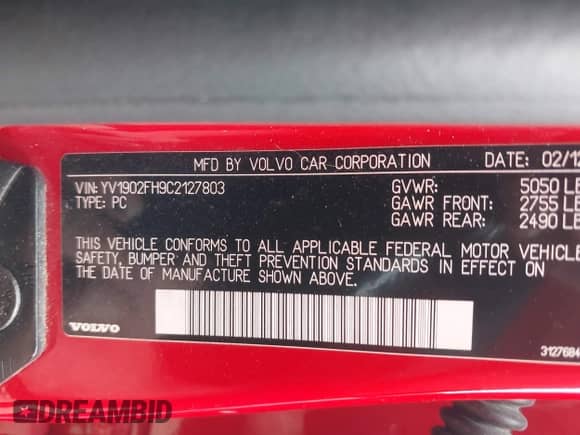 2012 Volvo S60 T6 с VIN YV1902FH9C2127803, выставлен на аукционе IAAI как лот 42084082 с пробегом 224 781 миль миль и . История ставок и продаж доступна на DreamBid. Изображение 9.