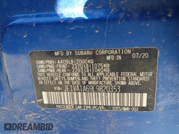 2020 Subaru WRX with VIN JF1VA1A69L9820353, listed as a IAAI auction lot 43343659 with 69,029 mi miles and . Bid and sale history available at DreamBid. Image 9.