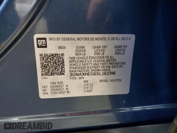 2025 Chevrolet Equinox FWD LT с VIN 3GNAXHEG6SL163396, выставлен на аукционе Copart как лот 87265264 с пробегом 3 236 миль миль и Списание • Salvage title. История ставок и продаж доступна на DreamBid. Изображение 13.