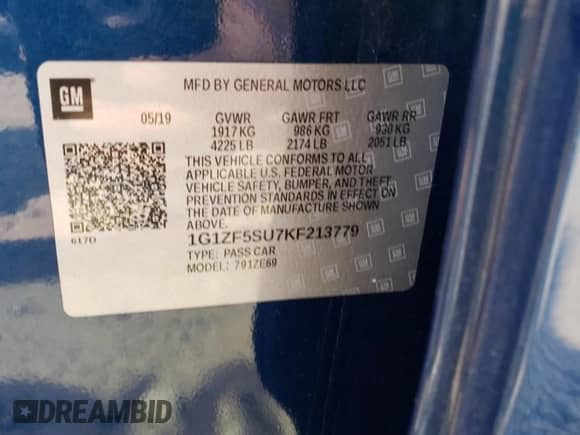 2019 Chevrolet Malibu Hybrid с VIN 1G1ZF5SU7KF213779, выставлен на аукционе Copart как лот 71562395 с пробегом Не указан миль и Списание • Salvage title. История ставок и продаж доступна на DreamBid. Изображение 12.