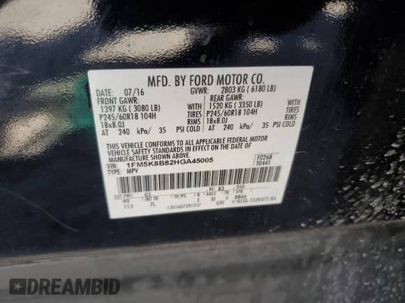 2017 Ford Explorer с VIN 1FM5K8B82HGA45005, выставлен на аукционе Copart как лот 80561425 с пробегом Не указан миль и Списание • Salvage title. История ставок и продаж доступна на DreamBid. Изображение 13.