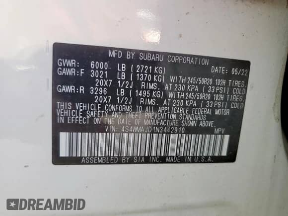 2022 Subaru Ascent Onyx с VIN 4S4WMAJD1N3442910, выставлен на аукционе Copart как лот 66135655 с пробегом 44 489 миль миль и Списание • Salvage title. История ставок и продаж доступна на DreamBid. Изображение 13.