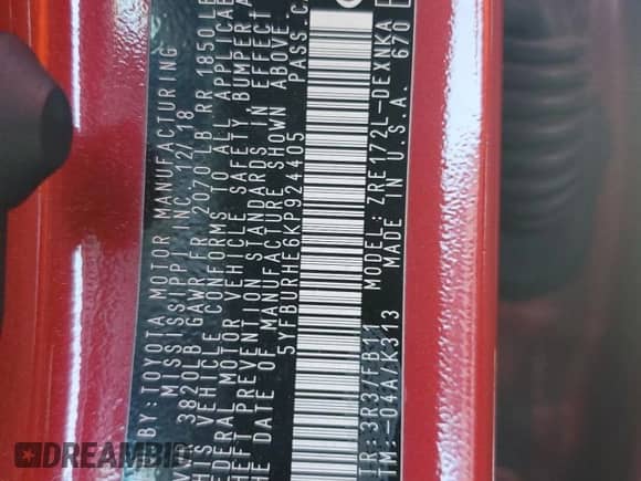 2019 Toyota Corolla LE z VIN 5YFBURHE6KP924405, wystawiony jako Copart lot #86821825 z przebiegiem 66 530 mil mil oraz Szkoda całkowita • Salvage title. Historia ofert i sprzedaży dostępna na DreamBid. Obrazek 13.