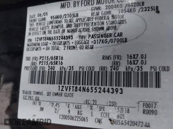 2005 Ford Mustang Deluxe with VIN 1ZVFT84N655244393, listed as a IAAI auction lot 43554446 with 175,357 mi miles and . Bid and sale history available at DreamBid. Image 9.