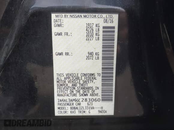 2016 Nissan Altima S with VIN 1N4AL3AP6GC283060, listed as a IAAI auction lot 43387801 with 176,873 mi miles and . Bid and sale history available at DreamBid. Image 9.