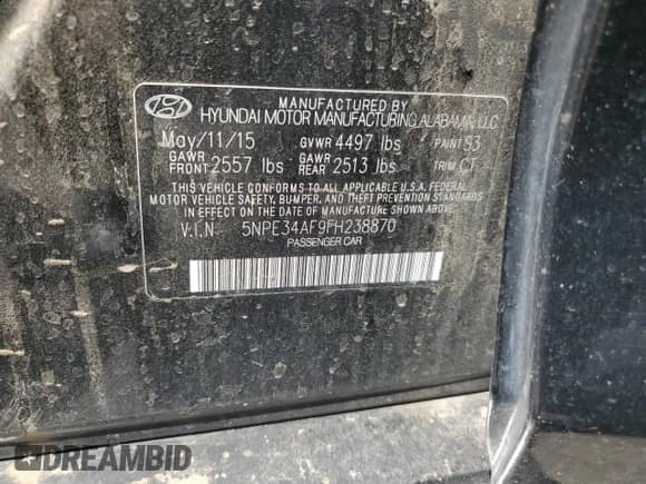 2015 Hyundai Sonata Limited with VIN 5NPE34AF9FH238870, listed as a Copart auction lot 52894475 with 146,339 mi miles and Salvage title. Bid and sale history available at DreamBid. Image 13.