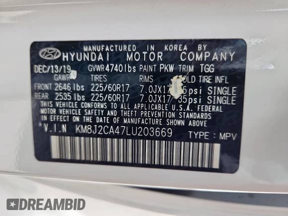 2020 Hyundai Tucson SE with VIN KM8J2CA47LU203669, listed as a Copart auction lot 62471995 with 118,661 mi miles and Salvage title. Bid and sale history available at DreamBid. Image 14.