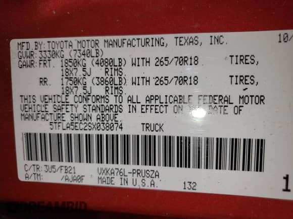 2025 Toyota Tundra SR5 with VIN 5TFLA5EC2SX038074, listed as a Copart auction lot 70862645 with Not provided miles and Salvage title. Bid and sale history available at DreamBid. Image 12.
