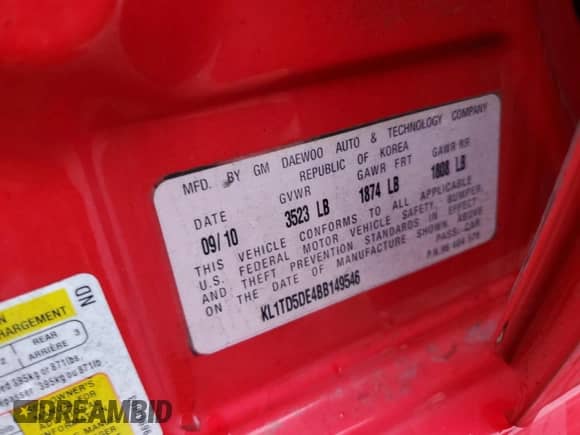 2011 Chevrolet Aveo 1LT с VIN KL1TD5DE4BB149546, выставлен на аукционе Copart как лот 85556885 с пробегом 53 606 миль миль и Списание • Salvage title. История ставок и продаж доступна на DreamBid. Изображение 12.