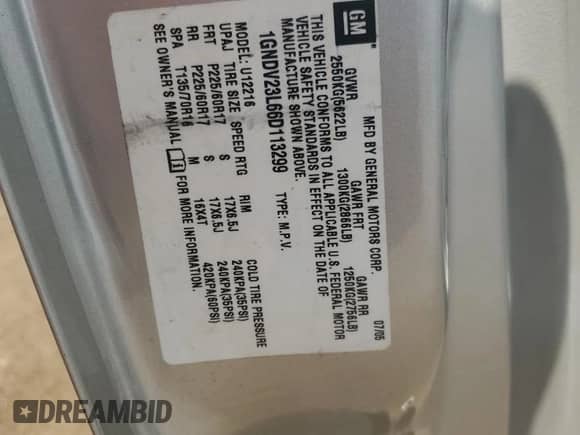 2006 Chevrolet Uplander LS с VIN 1GNDV23L66D113299, выставлен на аукционе Copart как лот 68033015 с пробегом 206 793 миль миль и Чистый • Clean title. История ставок и продаж доступна на DreamBid. Изображение 13.