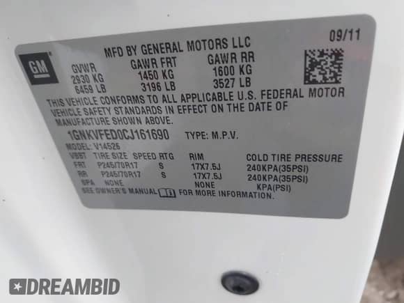 2012 Chevrolet Traverse LS с VIN 1GNKVFED0CJ161690, выставлен на аукционе IAAI как лот 43095073 с пробегом 163 493 миль миль и . История ставок и продаж доступна на DreamBid. Изображение 9.