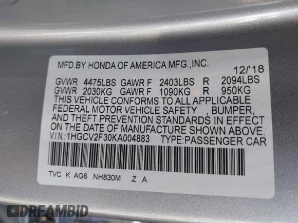 2019 Honda Accord Sport with VIN 1HGCV2F30KA004883, listed as a IAAI auction lot 43123541 with 113,966 mi miles and . Bid and sale history available at DreamBid. Image 9.