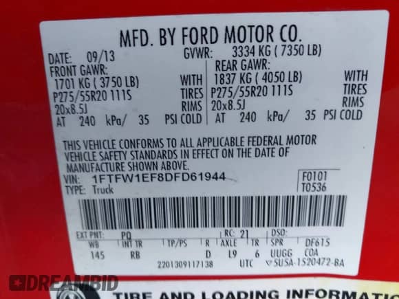 2013 Ford F-150 Platinum с VIN 1FTFW1EF8DFD61944, выставлен на аукционе IAAI как лот 43469670 с пробегом 199 634 миль миль и . История ставок и продаж доступна на DreamBid. Изображение 9.