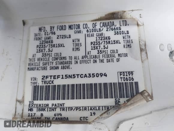 1996 Ford F-150 с VIN 2FTEF15N5TCA35094, выставлен на аукционе IAAI как лот 43533248 с пробегом Не указан миль и . История ставок и продаж доступна на DreamBid. Изображение 9.