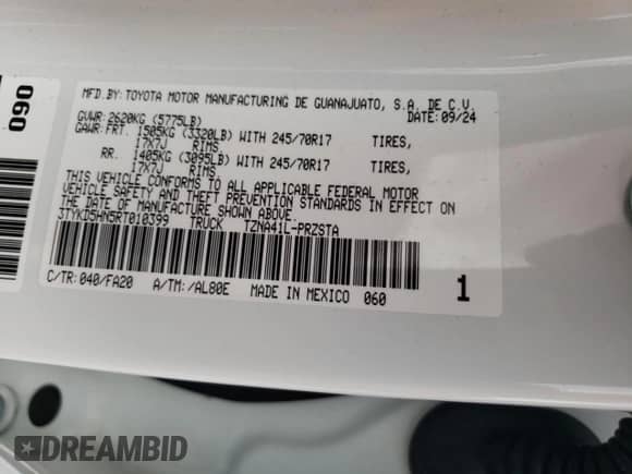2024 Toyota Tacoma SR with VIN 3TYKD5HN5RT010399, listed as a Copart auction lot 65425115 with Not provided miles and Salvage title. Bid and sale history available at DreamBid. Image 12.