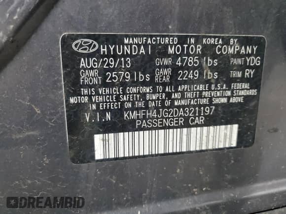 2013 Hyundai Azera z VIN KMHFH4JG2DA321197, wystawiony jako Copart lot #65585084 z przebiegiem 158 956 mil mil oraz Szkoda całkowita • Salvage title. Historia ofert i sprzedaży dostępna na DreamBid. Obrazek 12.