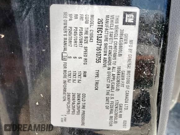 2007 GMC Sierra 1500 SLE2 with VIN 2GTEC13J371610755, listed as a Copart auction lot 57898285 with 484,727 mi miles and Salvage title. Bid and sale history available at DreamBid. Image 12.