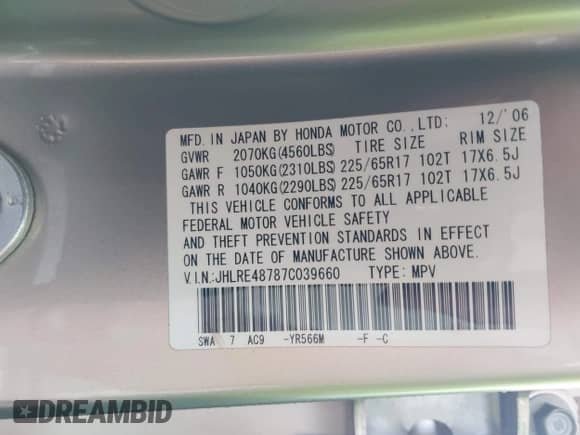 2007 Honda CR-V EX-L with VIN JHLRE48787C039660, listed as a IAAI auction lot 42731148 with 67,308 mi miles and . Bid and sale history available at DreamBid. Image 9.