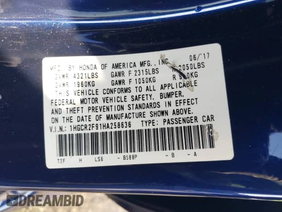 2017 Honda Accord EX-L with VIN 1HGCR2F91HA258636, listed as a IAAI auction lot 42914115 with 126,579 mi miles and . Bid and sale history available at DreamBid. Image 9.