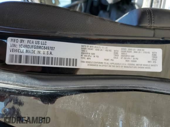 2021 Dodge Durango Pursuit с VIN 1C4RDJFG8MC849707, выставлен на аукционе Copart как лот 56694945 с пробегом 31 663 миль миль и Списание • Salvage title. История ставок и продаж доступна на DreamBid. Изображение 14.