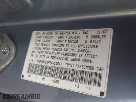 2007 Honda Accord EX-L with VIN 1HGCM665X7A054547, listed as a IAAI auction lot 43304150 with 229,646 mi miles and . Bid and sale history available at DreamBid. Image 9.